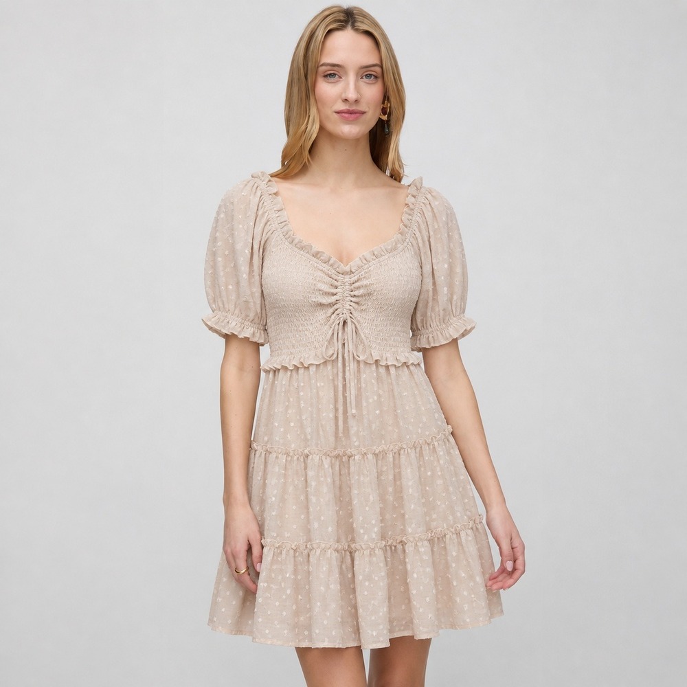 She Sky Smocked‎ Puff Sleeve Mini Dress S Cream Cottagecore Swiss Dot Ruffle